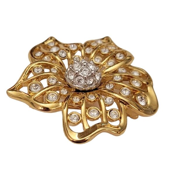 Swarovski Swan Loo Gold Tone Clear Crystal Pave Ball Open Flower Brooch Pin E776 - Picture 4 of 7